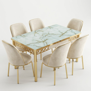 Crèmekleurige eetkamerset kopen – luxe uitschuifbare set met bedrukt glazen blad en 6 stoelen