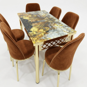 Gouden 6-persoons eetkamerset met marmerlook glazen blad en bruine fluwelen stoelen