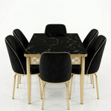 Zwarte marmeren eettafel – luxe zwarte eettafelset met gouden frame en 6 gestoffeerde stoelen