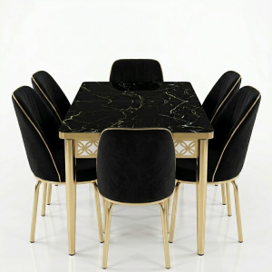 Marmeren eettafel met 6 stoelen kopen – luxe zwart marmeren eettafelset met gouden frame