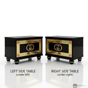 Twee zwarte nachtkastjes met gouden details en logo, vooraanzicht van de Royale slaapkamerset