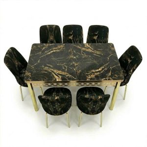 Zwarte fluwelen eetkamerset kopen – luxe zwart-gouden set met 6 stoelen en bedrukt glazen blad