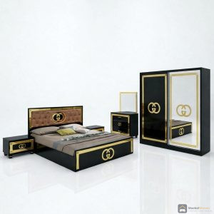 Royale 5-delige zwarte slaapkamerset met gouden details, compleet overzicht met bed en kasten