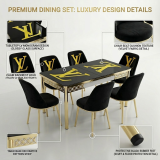 Eetkamerset kopen – luxe Milano zwart-gouden 6-persoons eetkamerset met bedrukt glazen blad in detail