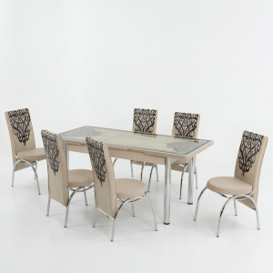 Beige Turkse eetkamerset met bedrukt glazen blad en zes stoelen met sierpatroon
