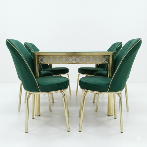 Groene fluwelen eetkamerset kopen – luxe groene set met 6 stoelen en goud gecoat stalen frame