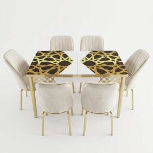 Wit gouden eetkamerset kopen – luxe wit-gouden set met fluwelen stoelen en bedrukt glazen blad