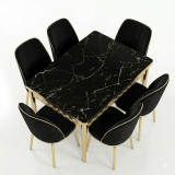 Marmeren eettafel – zwarte eettafelset voor 6 personen met gouden frame en gestoffeerde stoelen