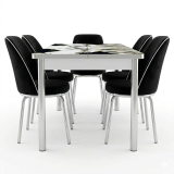 Marmeren eettafel met 4 stoelen – zwart bedrukt glazen blad