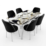 Marmeren eettafel zwart – luxe eetkamerset met bedrukt glazen blad en fluwelen stoelen