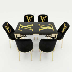 Luxe eetkamerset 6 personen kopen – LV zwart-gouden uitschuifbare set met bedrukt glazen blad