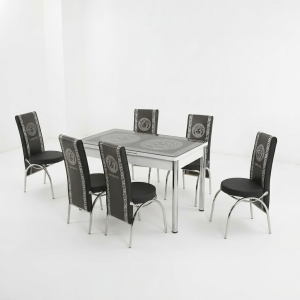 Turkse eetkamerset kopen – premium eetkamerset met Versace bedrukt glazen blad en 6 stoelen