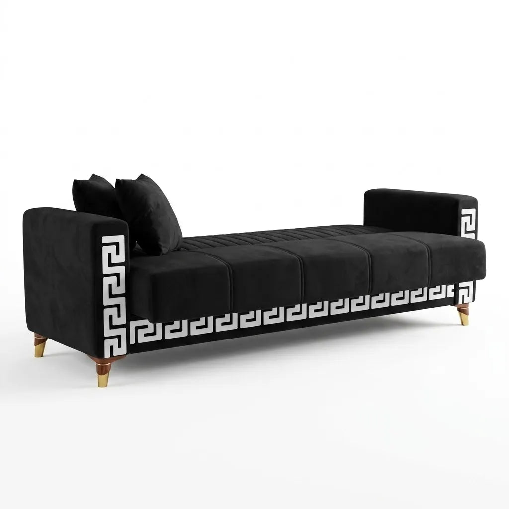 Turkse Slaapbank – Fluwelen 3-zits Bank met Greek Key Patroon en Gouden Poten 4 Turkse Slaapbank – Fluwelen 3-zits Bank met Greek Key Patroon en Gouden Poten