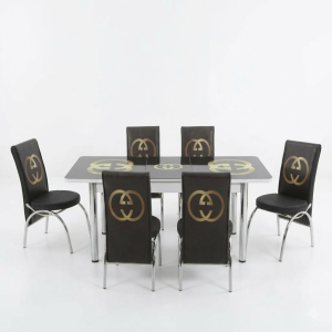 Luxe Turkse eetkamerset met bedrukt glazen blad en zes stoelen met gouden monogram