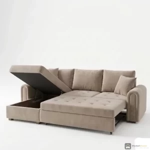 Beige hoekslaapbank met uitgetrokken bed en geopend opbergvak in de chaise longue