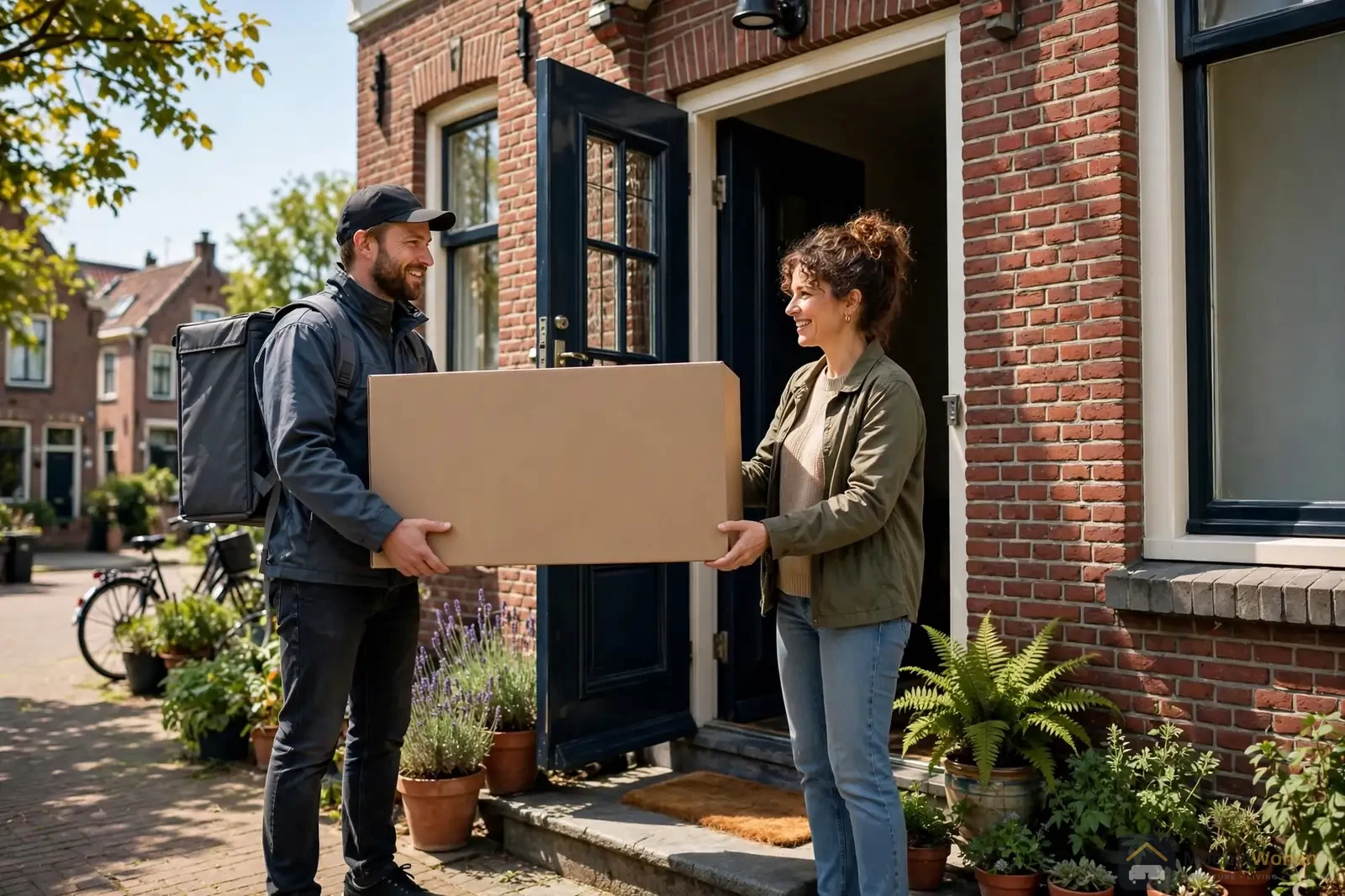 Meubels kopen en pas betalen bij levering: zo werkt het 1 Bezorger levert meubelpakket af aan de voordeur: meubels kopen betaling bij levering