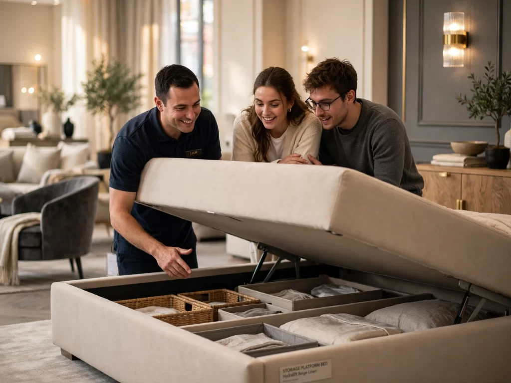 Over ons 1 Medewerker van Moebel Wonen laat een stel de opbergruimte onder een bed zien — persoonlijk advies bij het kiezen van meubels