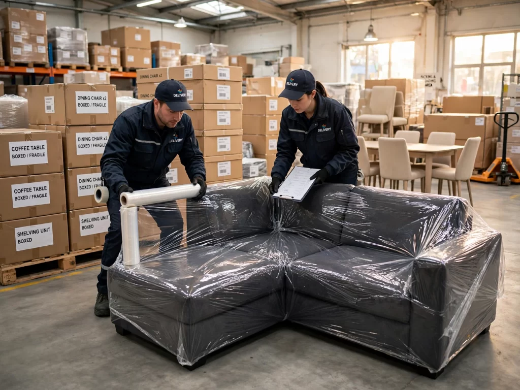 Over ons 2 Het bezorgteam van Moebel Wonen verpakt een hoekbank zorgvuldig voor levering aan huis